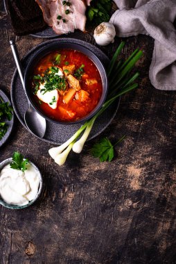 Geleneksel Ukrayna borsch 'u veya ekşi kremalı pancar çorbası