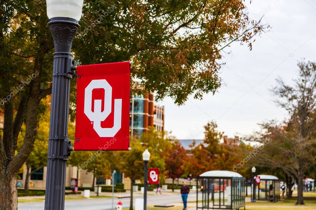 Norman, OK - November 2022: University of Oklahoma banner with logo, on campus