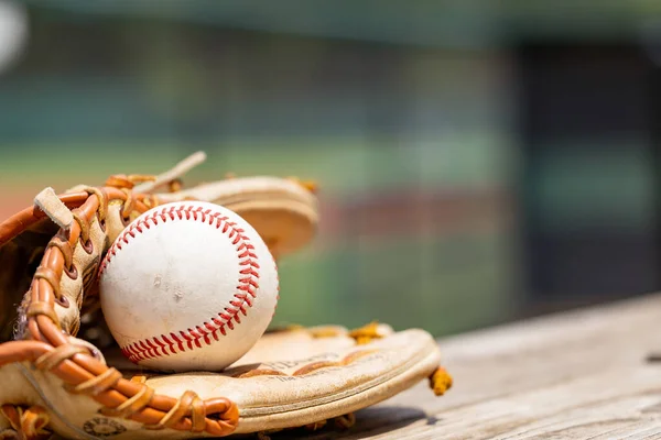 stock image Baseball in glove for sports background with copy space