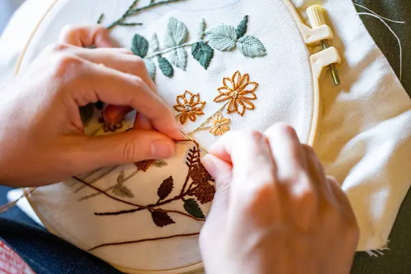 stock image Woman's hands working on embroidery with thread and needle