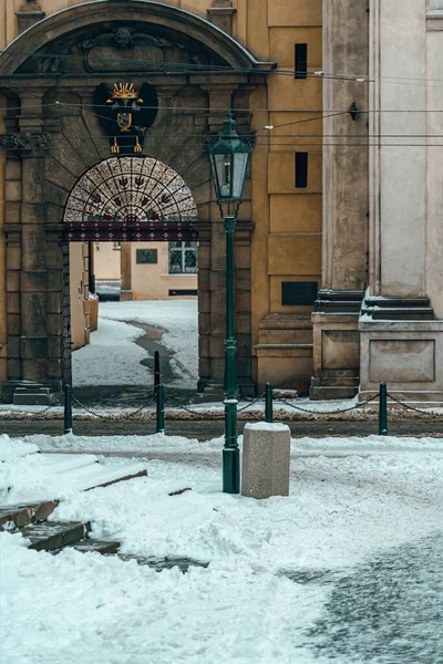 Snowy Ulicy Centrum Pragi Ciągu Dnia 2021 — Zdjęcie stockowe