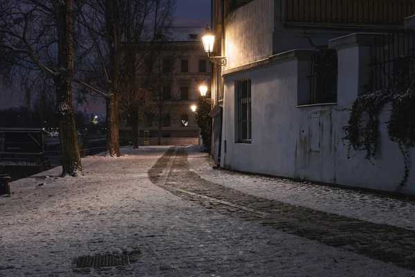 Снежные Улицы Праги Подсветкой Улиц Ночью Лицензионные Стоковые Изображения