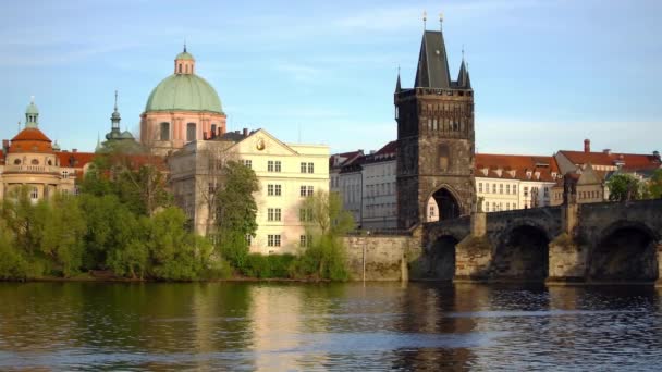 Charles Köprüsü Nün Vltava Nehri Üzerindeki Ikonik Manzarası Prag Ünlü — Stok video