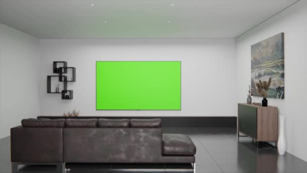 带有家具的现代房间动画和带有绿色屏幕的电视 — 图库视频影像
