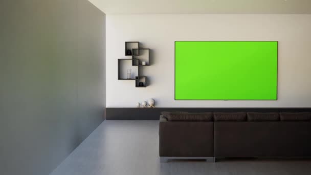 家具付きのモダンルームアニメーションと緑色のスクリーン付きテレビ — ストック動画