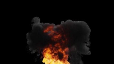 Yanan bir ateş ve dumanın gerçekçi 3 boyutlu animasyonu, siyah arka planda turuncu bir alev ile.