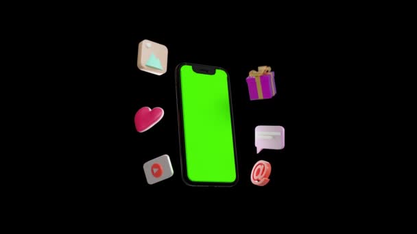 Mobiltelefon Mit Grünem Bildschirm Und Knallenden Symbolen Neben Animation — Stockvideo