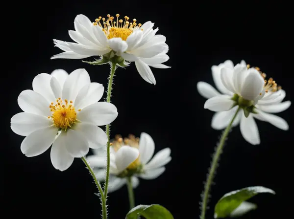 Many small flowers with small white petals on stem on black background. Many small white blurry fluffy fluff spots flying in air a