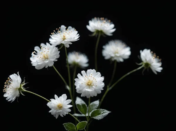 Many small flowers with small white petals on stem on black background. Many small white blurry fluffy fluff spots flying in air a