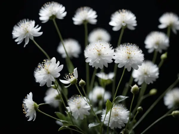 Many small flowers with small white petals on stem on black background. Many small white blurry fluffy fluff spots flying in air a