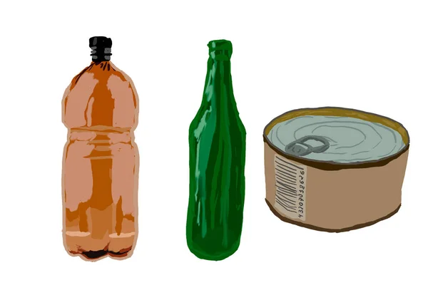 Afvalelementen Voor Recycling Plastic Fles Glazen Fles Ijzeren Blik Uit — Stockfoto