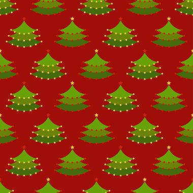 Noel ağaçları kusursuz desenli. Kırmızı arka planda çelenk olan Xmas ağaçları. - Mutlu yıllar. Noel arkaplanı. Ambalaj kağıdı, kumaş ve ambalaj kağıdına basmak için özel tasarım. Vektör illüstrasyonu