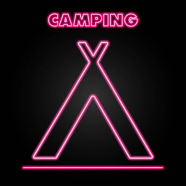 camping neon sign, modern glowing banner design, colorful modern design trends on black background. Vector illustration.