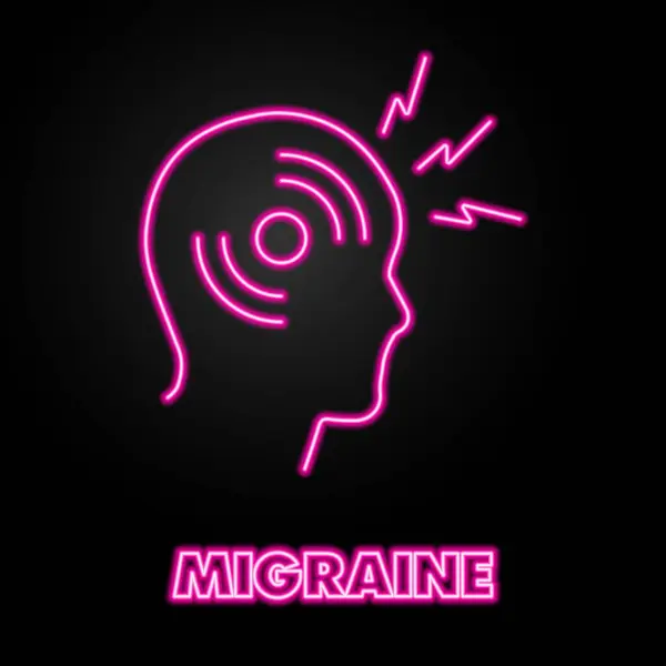 migraine neon sign, modern glowing banner design, colorful modern design trends on black background. Vector illustration.