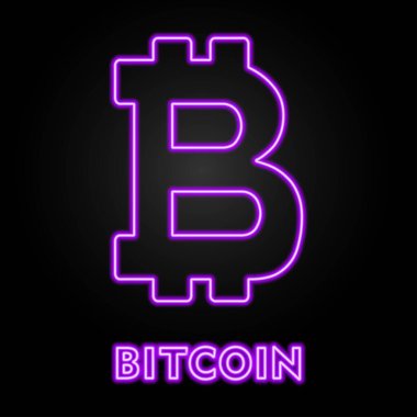 Bitcoin neon levhası, modern parlayan pankart tasarımı, modern tasarımın siyah zemin üzerindeki renkli eğilimi. Vektör illüstrasyonu.