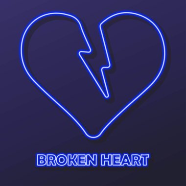 Kırık kalp neon işareti, modern parlayan pankart tasarımı.