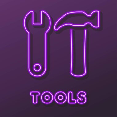 İnşaat araçları neon ışığı, modern parlayan pankart tasarımı.