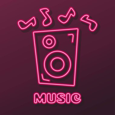 Müzik hoparlörleri neon ışığı, modern parlayan pankart tasarımı.