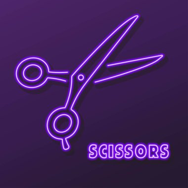 Makas neon ışığı, modern parlayan pankart tasarımı.