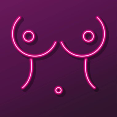Kadın göğüsleri neon ışığı, modern parlayan pankart tasarımı.