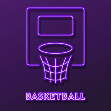 Basketbol potası neon ışığı, modern parlayan pankart tasarımı.