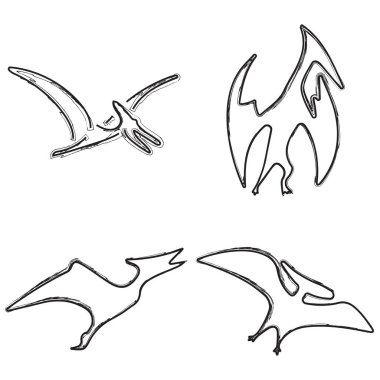 Pterodactyl simgesi seti, beyaz arkaplanda fırça darbeleri. Vektör illüstrasyonu.
