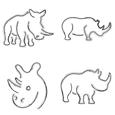 Gergedan ikonu seti, beyaz arkaplanda fırça darbeleri. Vektör illüstrasyonu.