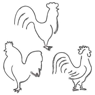 Horoz simgesi seti, beyaz arka planda fırça darbeleri. Vektör illüstrasyonu.