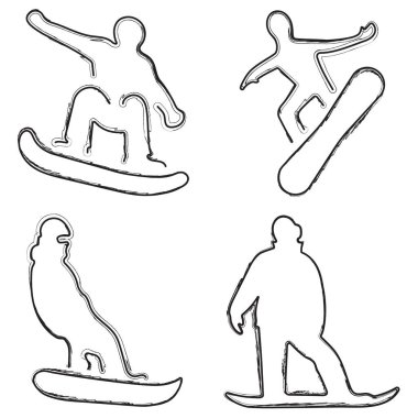 Snowboard simgesi seti, beyaz arka planda fırça darbeleri. Vektör illüstrasyonu.