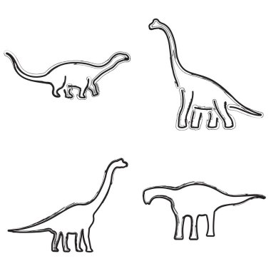 Diplodocus simgesi seti, beyaz arka planda fırça darbeleri. Vektör illüstrasyonu.