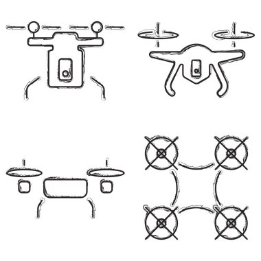İHA simgesi seti, beyaz arkaplanda fırça darbeleri. Vektör illüstrasyonu.