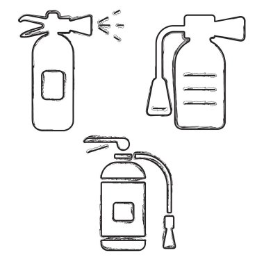 Yangın söndürme ikonu seti, beyaz arka planda fırça darbeleri. Vektör illüstrasyonu.