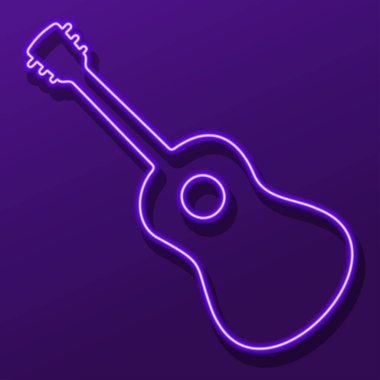 Gitar neon levhası, modern parlayan pankart tasarımı, renkli modern tasarım eğilimi. Vektör illüstrasyonu.