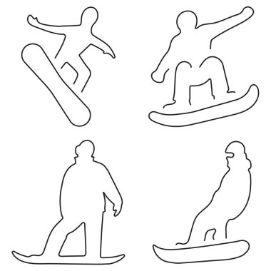 Beyaz arkaplanda siyah simgelerden oluşan snowboard grubu.