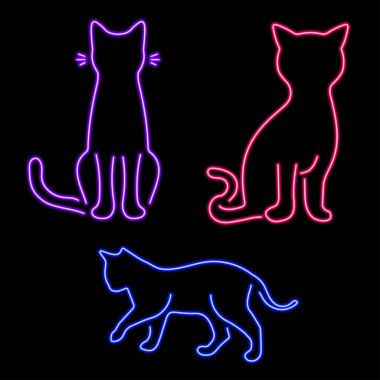 kedi grubu neon simgeleri, vektör illüstrasyonu.