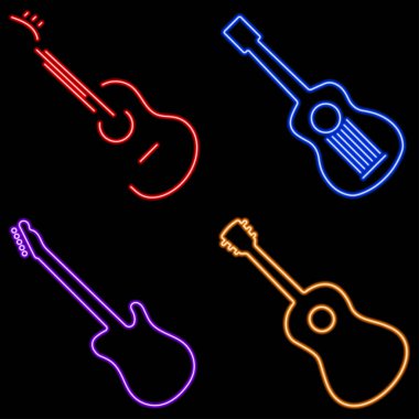 Gitar grubu neon simgeleri, vektör illüstrasyonu.