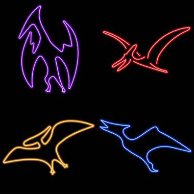 pterodactyl neon ikon grubu, vektör illüstrasyonu.