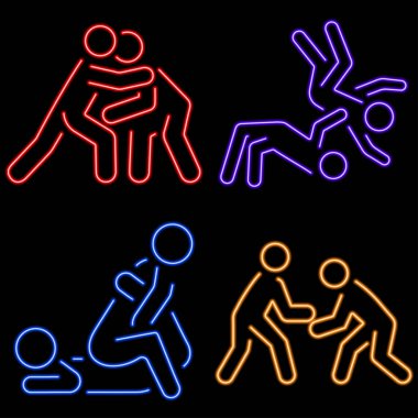 neon simgelerinin mücadele grubu, vektör illüstrasyonu.