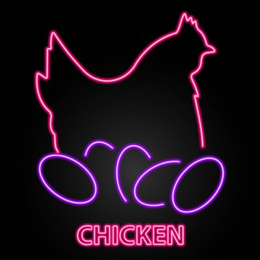 Tavuk neon levhası, modern parlayan pankart tasarımı, renkli modern tasarım trendi. Vektör illüstrasyonu.