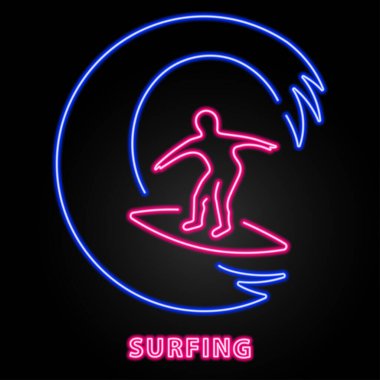 Sörf neon ışığı, modern parlayan pankart tasarımı, renkli modern tasarım trendi. Vektör illüstrasyonu.