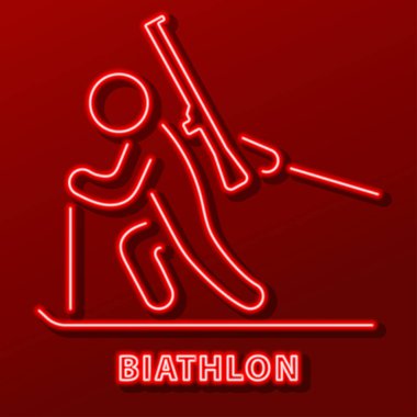 biatlon neon işareti, modern parlayan pankart tasarımı, renkli modern tasarım eğilimi siyah arka planda. Vektör illüstrasyonu.