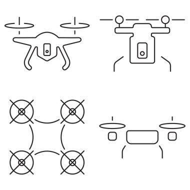 Beyaz arkaplanda bir grup siyah dron simgesi. Vektör illüstrasyonu.