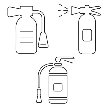 Beyaz arka planda siyah yangın söndürme ikonları grubu. Vektör illüstrasyonu.
