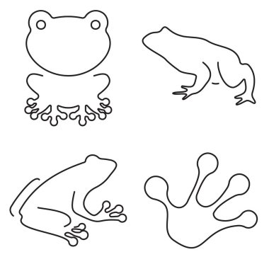 Beyaz arka planda bir grup siyah kurbağa ikonu. Vektör illüstrasyonu.