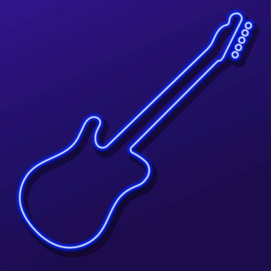 Gitar neon levhası, modern parlayan pankart tasarımı, renkli modern tasarım eğilimi siyah arka planda. Vektör illüstrasyonu.