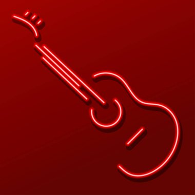 Gitar neon levhası, modern parlayan pankart tasarımı, renkli modern tasarım eğilimi siyah arka planda. Vektör illüstrasyonu.