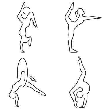 Beyaz arka planda siyah simgelerden oluşan bir jimnastik grubu. Vektör illüstrasyonu.