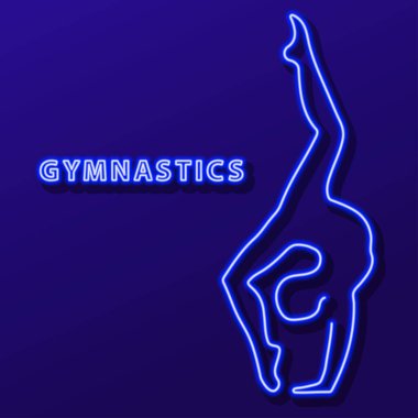Jimnastik neon levhası, modern parlayan pankart tasarımı, renkli modern tasarım eğilimi siyah arka planda. Vektör illüstrasyonu.