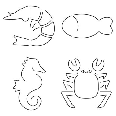 Beyaz arka planda siyah simgelerden oluşan bir deniz canlısı grubu. Vektör illüstrasyonu.