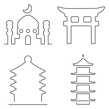 Beyaz arkaplanda siyah simgelerden oluşan doğu mimari grubu.